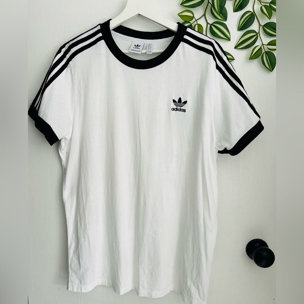Adidas 3 stripe classic T shirt with black ringer collar and sleeves, brand new